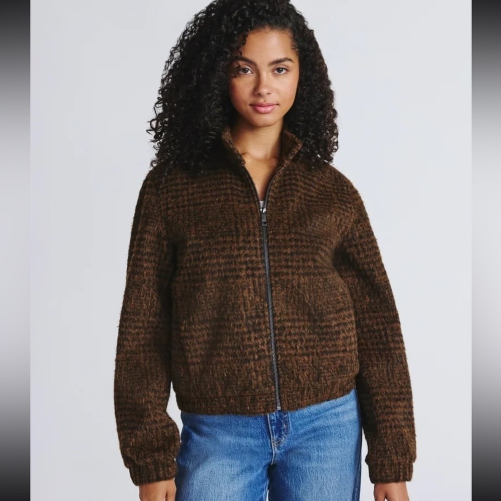Time and Tru Women's Brown Houndstooth Plaid Faux Wool Bomber Jacket NWT